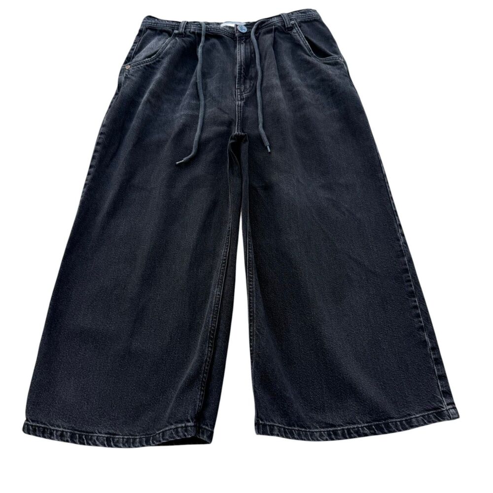 OneTeaspoon Bad Boys Black Wide Leg Crop Jeans Womens 29 Drawstring Denim